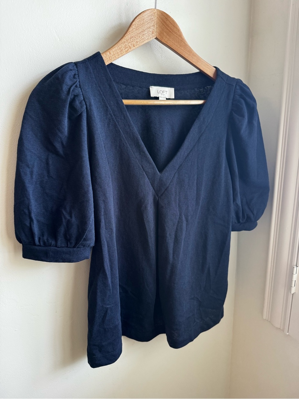 LOFT Navy Puff Sleeve V-Neck Blouse